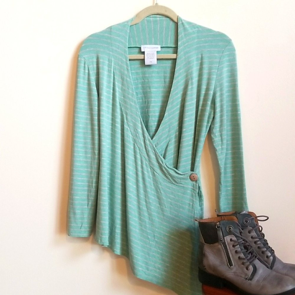 Soft surroundings mint and grey striped wrap shirt